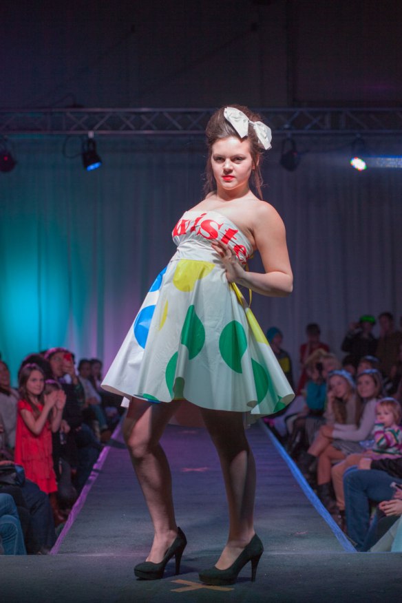Designer: Denali Heinlen Materials: a twister game board and bubble wrap Quote: “Turning garbage into fashion is like a bud turning into a rose, it may look like nothing at first but it will blossom into something beautiful.” 