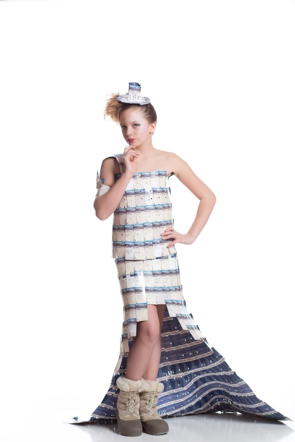 Snow day Designer: Trinyde FitzGerald Model: Charyde FitzGerald Materials: mount bachelor passes, used foam paper