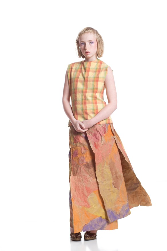 Fall (Part of the 4 Seasons group) Designer/Model: Maggie Pierce Materials: Old packing paper, old napkins