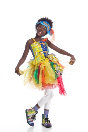 Fruity Tutui Designer/Model: Fiona Wright Material: fruit bags and netting, potato sacks, newspaper bags, flour sacks